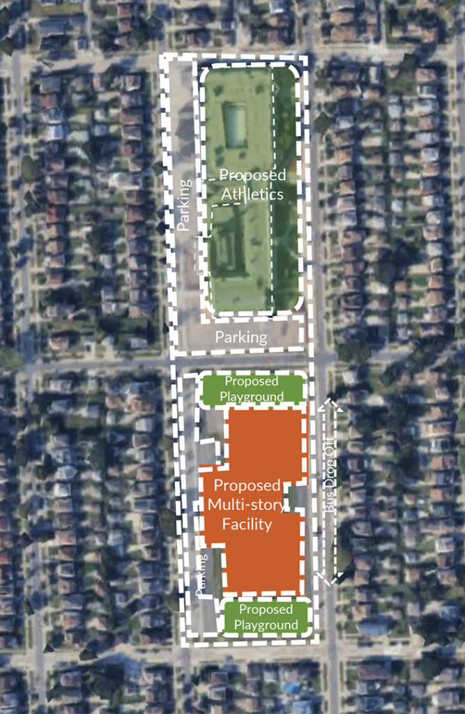 An illustration showing the location of the current Lowrey School and the proposed placement of the new Lowrey School.